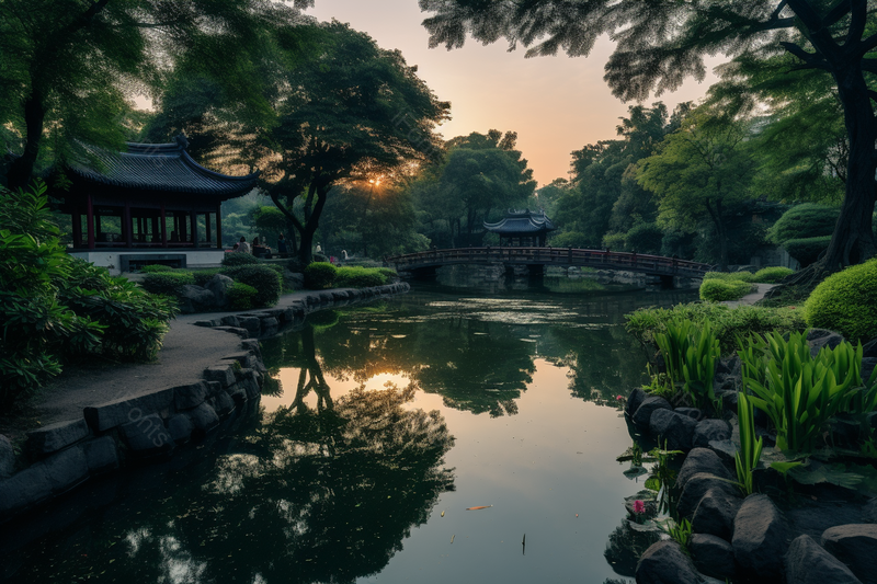 中式古建筑江南盛夏霞光倒影,高清,摄影图,摄影图片,图片大全,摄影图免费下载